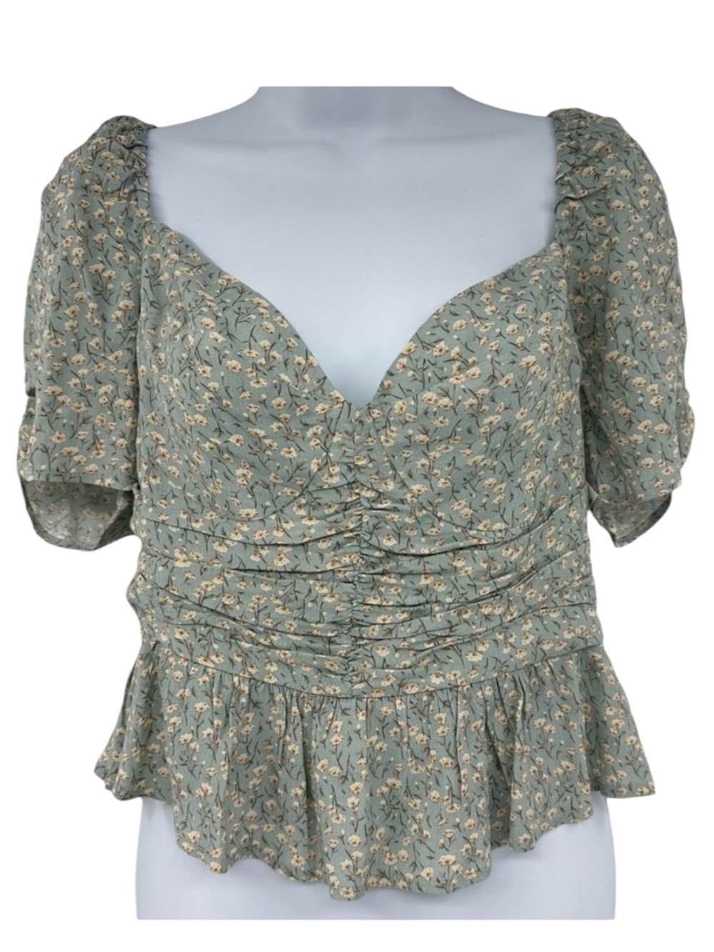 ASTR The Label Cropped Peplum Top Dusty Blue Ditsy Floral Puff Sleeve Large NWOT
